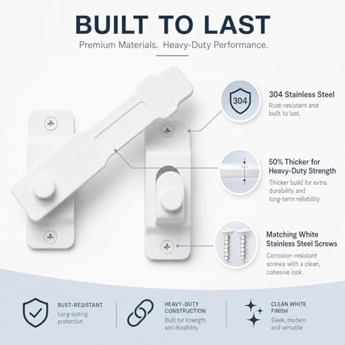 4.5" White Gate Latch, Heavy Duty SUS304 Stainless Steel Flip Latch Door Lock, 3mm 50% Thicker with White Screws & Driver Bit for Fence, Barn Door, Sliding & French Doors