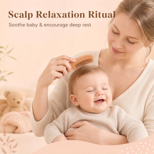 4 Piece Baby Hair Brush and Comb Set for Newborns, Wooden Baby Brush with Soft Natural Goat Bristle, Infant Hair Care Kit Helps Prevent Cradle Cap, Grooming Essentials Gift for Boys and Girls