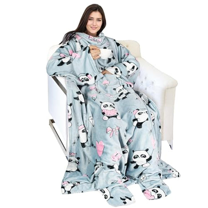 Catalonia Wearable Blanket with Sleeves & Foot Pocket for Adults - color: Panda Grey, size: Fleece