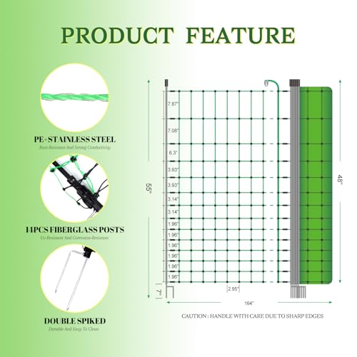 ANDMON Electric Poultry Netting, 48" x 164' Electric Fence Netting with Double Spiked Fiberglass Posts, Electric Chicken Fence for Poultry in Backyards, Homesteads, Farms and Ranches