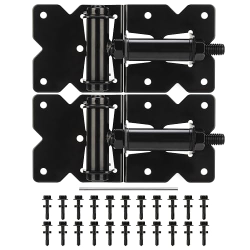 Self Closing Gate Hinges for Wooden Fences Gates, 90 Degree Adjustable Heavy Duty Gate Door Hinges Hardware Kit for Fence Gate, Vinyl gate, Pool gate and Outdoor Gates, 2 Pack, Non-Weld Black Finish