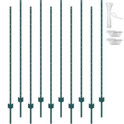 VEVOR 6 Feet Fence Post, 10 Pack U-Channel Heavy Duty Metal Fence Posts with 40 Zip Ties & 20 Clips, Sturdy Steel Fence Stakes for Garden Yard, Lawn, Farms and Outdoor Wire Fencing, Green - size: 6 Feet 10 Pack
