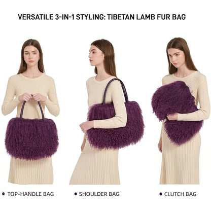 Women Luxury Real Curly Mongolian Lamb Fur Purse - color: Purple
