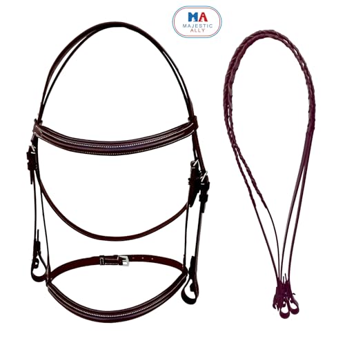 Majestic Ally Padded Raised English Bridle, Premium Leather, Matching Laced Reins - color: Black, size: Draft
