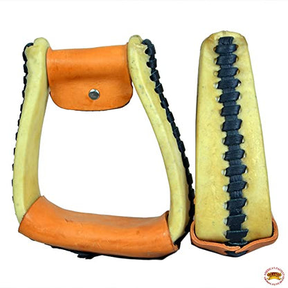 HILASON Horse Western Saddle Stirrup Rawhide Leather Stirrups Pair | for Barrel Racing Horses