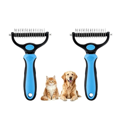Dematting Comb for Dogs and Cats, Undercoat Rake Pet Brush for Long Hair, Deshedding Dog Brush Removes Tangles Knots and Loose Fur, Grooming Tool for Thick Coats (Blue L*2) - color: Blue L*2