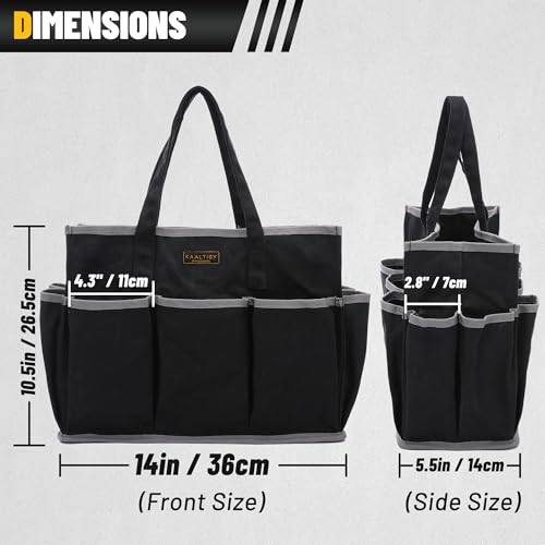 Canvas Tool Tote Bag, Heavy Duty 16oz Waxed Canvas Tool Storage Pouch with 1 Large Compartment & 10 Small Pockets | Multi-Purpose Garden Tool Bag for Horticulturists Mechanics Craftsmen – Black - color: Black