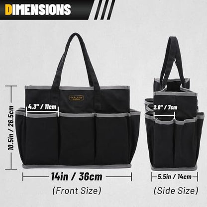 Canvas Tool Tote Bag, Heavy Duty 16oz Waxed Canvas Tool Storage Pouch with 1 Large Compartment & 10 Small Pockets | Multi-Purpose Garden Tool Bag for Horticulturists Mechanics Craftsmen – Black - color: Black