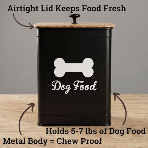 Metal Dog Food Container 5-7lb, 25 Cup w/ Airtight Bamboo Lid, Metal Handle - color: Black: Bone