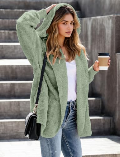 Zilcremo Women Hooded Cardigan Open Front Fuzzy Jacket - color: Beangreen, size: Medium