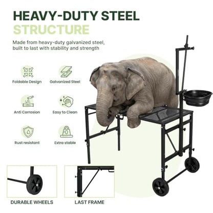 Goat Stand with Adjustable Headpiece & Legs, Goat Milking Stand with Feeder, Rails & Wheels, Stanchion for Grooming & Hoof Trimming, Sheep Stand for Shearing Heavy-Duty Steel Platform, Black - color: BLACK