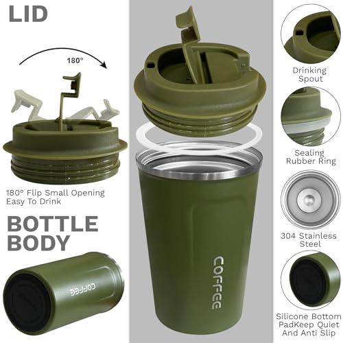 Insulated Travel Coffee Mug, Stainless Steel Coffee Cup with Leakproof Lid - color: 2nd-Green, size: 12 Ounces