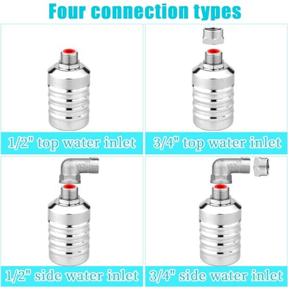 2pcs Water Float Valve, Stainless Steel Automatic Water Level Control Float Valve 1/2in and 3/4in Connection Types for Fish Tank Swimming Pool Livestock Trough