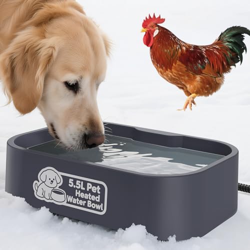 IPOW Extra Large Heated Water Bowl - 5.5L Outdoor Heated Dog Bowl with Long Cord, Keep Water Warm at 77-95℉ for Cats Dogs Rabbit Chicken Duck, BPA-Free, Gray, Rectangular, 1.5 Gallons, 194 fl oz - color: Gray