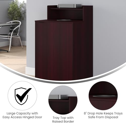 Flash Furniture Trash Can Enclosure, 32 Gallon, Mahogany | 8" Drop Hole, Tray Shelf, Swing Door, Commercial Grade - color: Mahogany