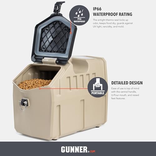 GUNNER 50 lbs Tan Dog Food Storage Container with Measuring Scoop – Waterproof & Airtight Pet Food Bin for Dry Food, Corn, Chicken Feed, Bird Seed & Treats – 3 Cup Ergonomic Scooper with Markers