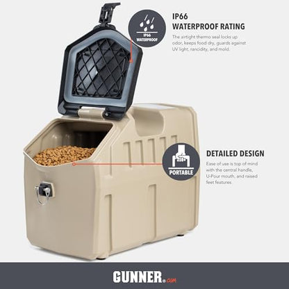 GUNNER 50 lbs Tan Dog Food Storage Container with Measuring Scoop – Waterproof & Airtight Pet Food Bin for Dry Food, Corn, Chicken Feed, Bird Seed & Treats – 3 Cup Ergonomic Scooper with Markers