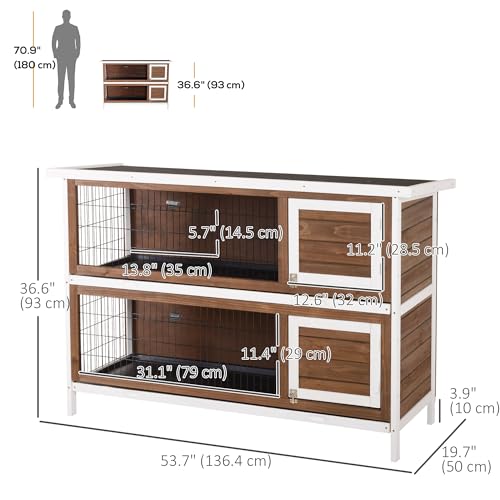 PawHut 54" 2-Story Large Rabbit Hutch Bunny Cage, Lockable Doors Brown - color: Coffee Brown