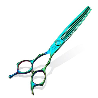 Dog Grooming Scissors: 7" Straight Pet Shears Skeletonized blade Made Of Japanese 440C for Trimming Dogs Cats and Other Pets Green (Chunker G, 7") - style: Chunker