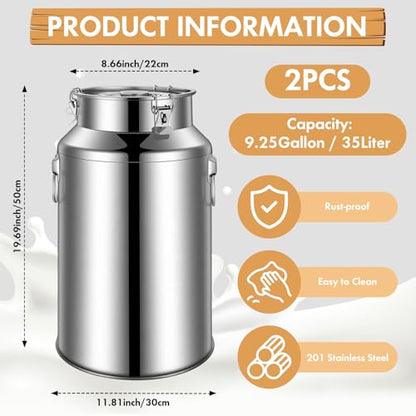 FillTouch 2 Pcs Stainless Steel Milk Can 35L with Sealed Lid for Storage - size: 35l