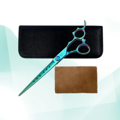 Dog Grooming Scissors: 7" Straight Pet Shears Skeletonized blade Made Of Japanese 440C for Trimming Dogs Cats and Other Pets Green (Straight G, 7") - style: Straight G