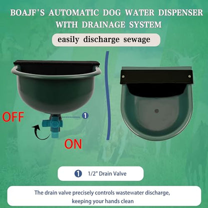 Automatic Water Dispenser for Dogs with Drain Hole & Drain Valve, 1 Gallon Auto Dog Water Bowl Outdoor with Float Valve, Hose Quick Connect Fitting, for Livestock, Chicken, Horse (Green)