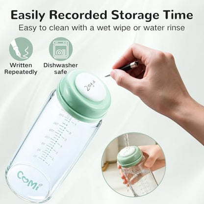 COMI Wide Neck Glass Breastmilk Collection n Storage Bottle, 2 Packs,10oz with Screw Ring Sealing Disk,Re-markable Sealing Disc,BPA Free,Fits Breast Pumps&Nipples(2 Green Lids) - style: 300ml 2Green