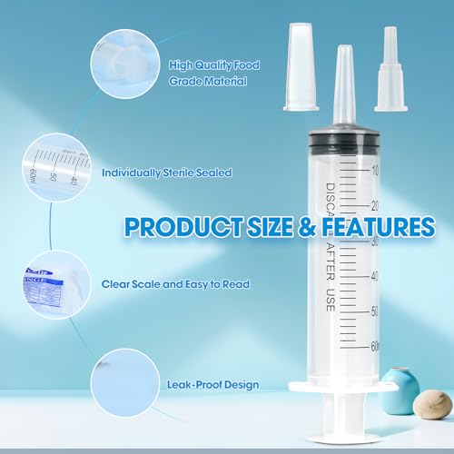 60ml Syringe for Liquid,20 Pack Large Plastic Syringes with Adapters and Cap,Individually Sealed Syringe for Feeding,Irrigation Water and Scientific Labs - size: 60ML