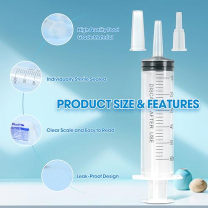 60ml Syringe for Liquid,20 Pack Large Plastic Syringes with Adapters and Cap,Individually Sealed Syringe for Feeding,Irrigation Water and Scientific Labs - size: 60ML