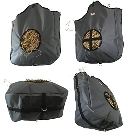 Majestic Ally Nylon Hay Feeder Tote Bag for Horse, Goat, Sheep - Double Sides Open Feed Hole with Faux Leather Ventilated Bottom- Premium Quality -Simulates Grazing - Reduces Waste (Dark Gray) - color: Dark Gray