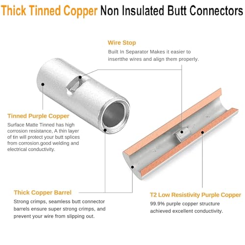 SVAAR 6PCS 00 Gauge Non Insulated Butt Connectors 2/0 AWG Uninsulated Butt Splice Connectors Crimp Repair Butt Splices Kit Tinned Copper Seamless Barrel Butt Splice Terminals & 6PCS 3:1 Heat Shrinks - size: 00 (2/0) AWG