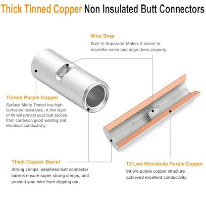 SVAAR 6PCS 00 Gauge Non Insulated Butt Connectors 2/0 AWG Uninsulated Butt Splice Connectors Crimp Repair Butt Splices Kit Tinned Copper Seamless Barrel Butt Splice Terminals & 6PCS 3:1 Heat Shrinks - size: 00 (2/0) AWG