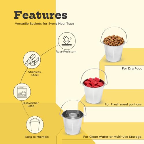 Flat Sided Stainless Steel Hanging Bucket, 1 Quart (0.25 Gallon), 4 Pack, Heavy Duty Kennel Cage Food & Water Pail for Small Dogs, Cats, Birds & Pets, Durable, Easy to Clean Feeder - size: 1 Quart (Pack of 4)