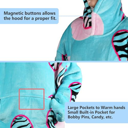 Solaris Zebra Heartfelt Kids Wearable Blanket Hoodie - Cozy Warm Sherpa Fleece Sweatshirt with Love-Themed Design, for Teens, Girls, Boys - color: Zebra Heart