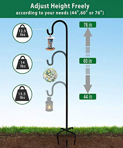 Adjustable Outdoor Shepherd Hook Stand with 5 Prong Base, 76 Inches Tall 3/5 in Thick, Shiny Black (2 Packs) - size: 76in-2pcs