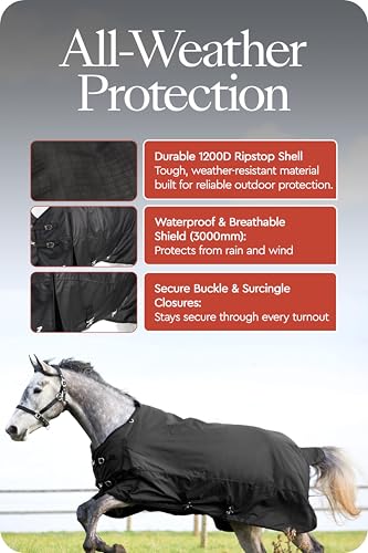 Horze Nevada Medium Weight 1200D Waterproof Horse Turnout Blanket (200g Fill) - Black - 75 in - size: 75 in