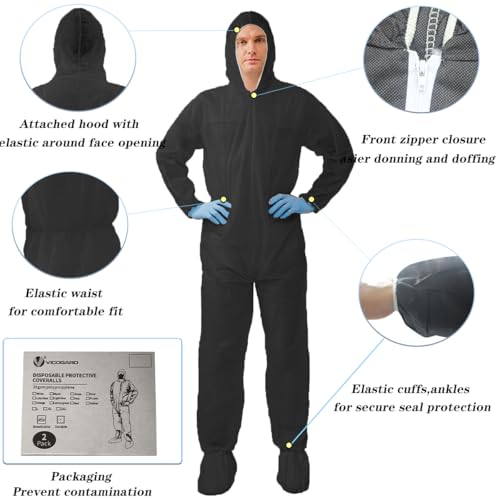 Hazmat Suits,10 Colors Options Disposable Protective Coveralls, Paint Suit with Elastic Wrists Ankles and Hood - color: 2 Pack Black, size: Large