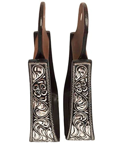 Majestic Ally Western Horse Aluminum Black Engraved Stirrups- Adults - style: Silver-Black
