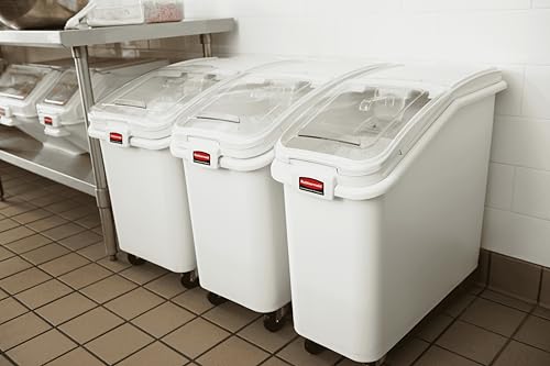 Rubbermaid Commercial Products ProSave Shelf-Storage Ingredient Bin With Scoop 400-Cup Capacity Plastic White Sliding Lid Container with Wheels for Kitchen/Restaurant/Food Organization - size: 400 Cup