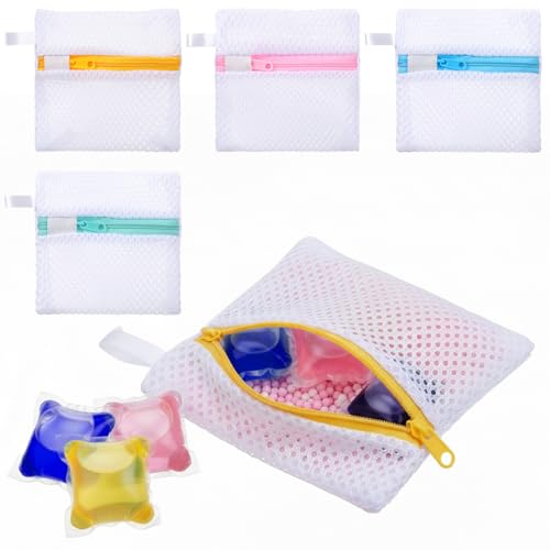 4 PCS Laundry Pod Anti-Sticking Bag, Small Mesh Laundry Bags for Delicates Mini Durable Washing Machine Laundrys Pods Dissolution Protection Foldable Wash Pouch Storage Bag for Pods Scented Beads