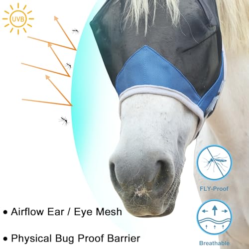Horse Fly Mask with Ears, Breathable Fine Mesh Royal Blue Cob - color: Royal Blue, size: Cob