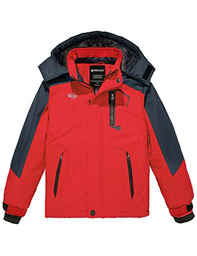 Wantdo Boy's Waterproof Ski Jacket Fleece Snowboarding Jackets Warm Thick Winter Coat Hooded Raincoats - color: Red, size: 10-12
