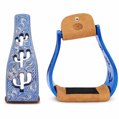 CHALLENGER Horse Western 5" Slanted Offset Angled Cactus Engraved Aluminum Show Stirrups 51243 - color: Blue Cactus