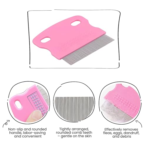 MEDUWEDU 5 Pack Flea & Lice Comb Set for Cats, Dogs & Kids – Stainless Steel Fine Tooth Nit Comb Kit with Double-Sided Tear Stain Remover, Grooming Brush & Peine para Piojos for Thick Hair (Pink) - color: Pink