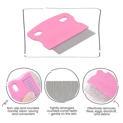 MEDUWEDU 5 Pack Flea & Lice Comb Set for Cats, Dogs & Kids – Stainless Steel Fine Tooth Nit Comb Kit with Double-Sided Tear Stain Remover, Grooming Brush & Peine para Piojos for Thick Hair (Pink) - color: Pink