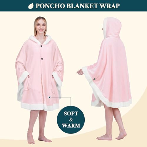 PAVILIA Hooded Blanket Poncho for Women, Fleece Wearable Shawl Wrap, Pink | Fleece Shawl Wrap with Hood, Adult Wearable Blanket, Cozy Warm Poncho Cape Throw with Pockets, Gift for Elderly Mom - color: Pink