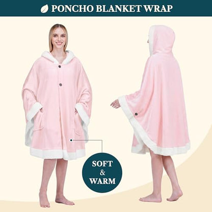 PAVILIA Hooded Blanket Poncho for Women, Fleece Wearable Shawl Wrap, Pink | Fleece Shawl Wrap with Hood, Adult Wearable Blanket, Cozy Warm Poncho Cape Throw with Pockets, Gift for Elderly Mom - color: Pink