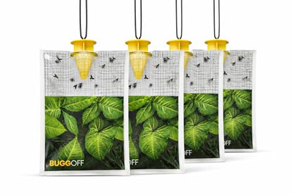 BUGGOFF - 4 Pack Outdoor use only, Disposabe Hanging Fly Traps with Natural Pre-Bait, Catches Flyes everywhere anywhere, Stables, Ranches, Cottages and More. Discrete design, Easy fill and hang setup!