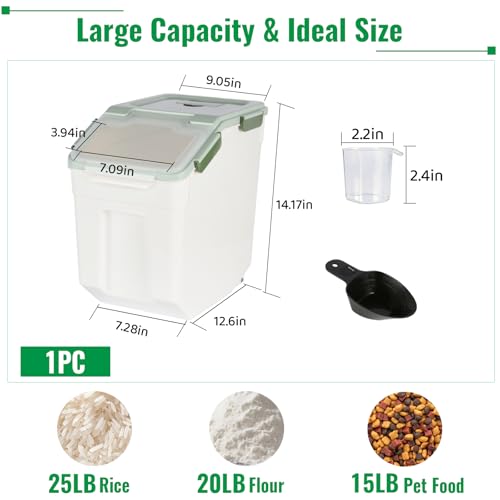 Rice Container 25 lbs Large Bulk Flour Sugar Storage Holdhouse Plastic Grain Cereal Dry Goods Bin with Spoon and Measuring Cup for Kitchen Pantry Organization - Green - color: Green