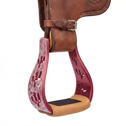 CHALLENGER Horse Western 5" Slanted Offset Angled Cactus Engraved Aluminum Show Stirrups 51243 - color: Pink Cactus